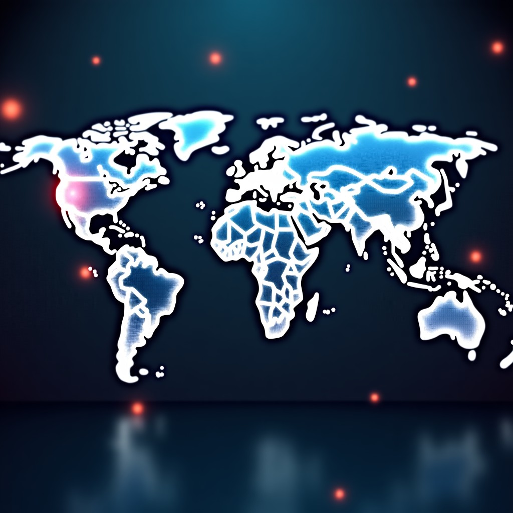 A high-tech digital world map with glowing AI nodes and data connections representing global technology influence, cinematic lighting, futuristic atmosphere, 4:3
