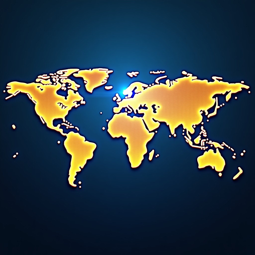 A conceptual illustration of digital world currencies connecting through a global fiber optic network, glowing gold and blue tones, representing international finance, 4:3