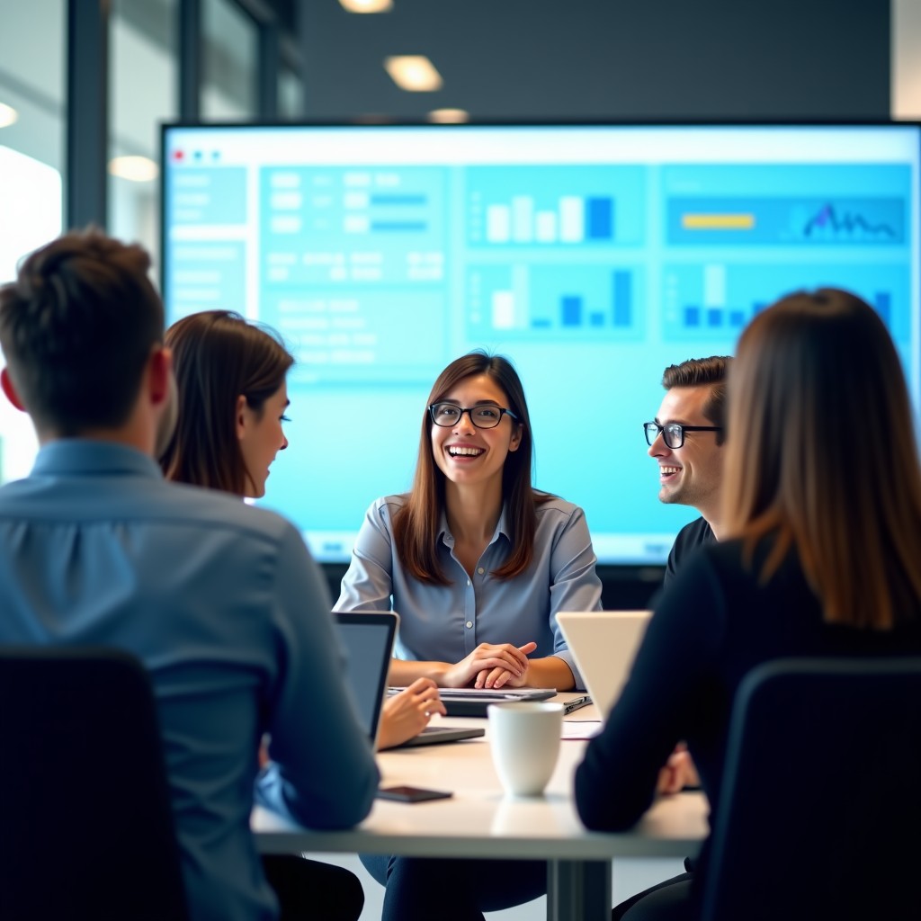 A group of diverse professionals in a bright modern office discussing business strategy with a digital screen background 4:3