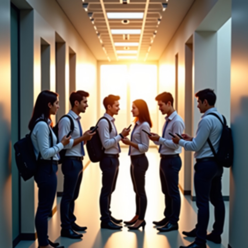 A group of young professional Koreans having a brief huddle meeting in a bright modern office hallway near a conference center. Holding tablets and badges, focused expressions, morning sunlight. 4:3