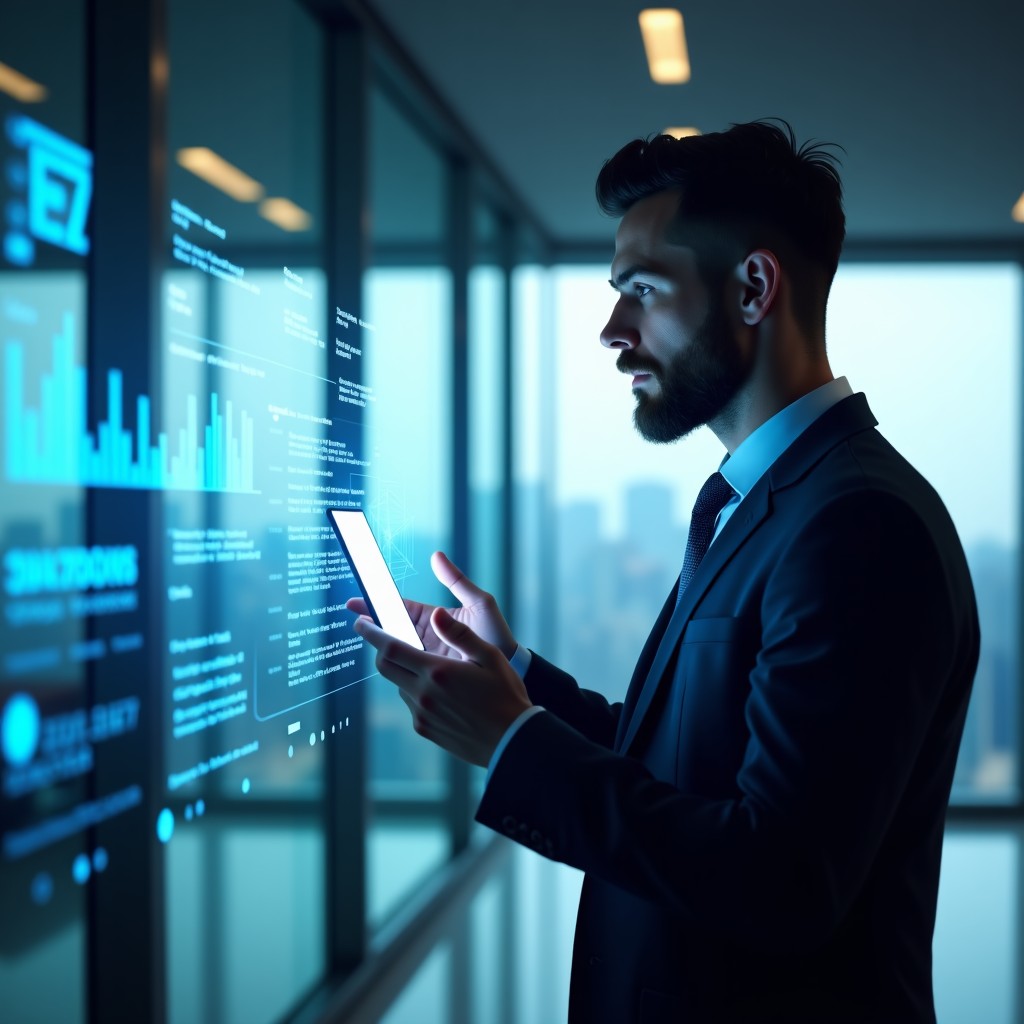 A professional male tech executive in a modern business setting, looking thoughtful and looking at a holographic data display. The environment is a high-tech conference room with glass walls. 4:3