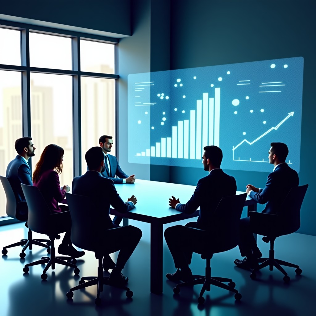 A group of professional investors in a modern glass-walled boardroom in Silicon Valley. They are looking at holographic displays showing growth charts and networking nodes. Natural lighting, professional setting, diverse team. 4:3