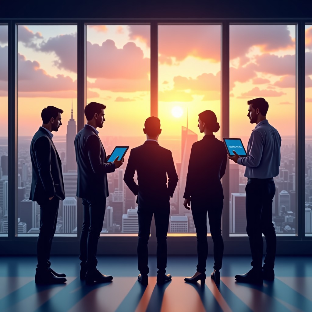 A group of diverse professionals in a glass-walled conference room in a high-rise building, serious expressions while looking at digital displays, urban sunset background, realistic and high-detail composition, no text, 4:3
