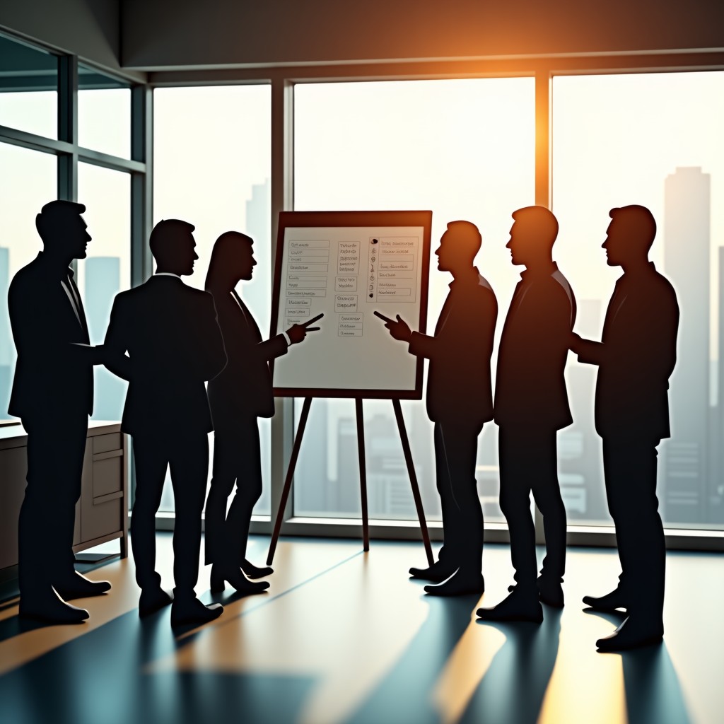 A group of diverse professionals in a glass-walled meeting room discussing a project, brainstorming notes on a digital board, bright morning light. 4:3