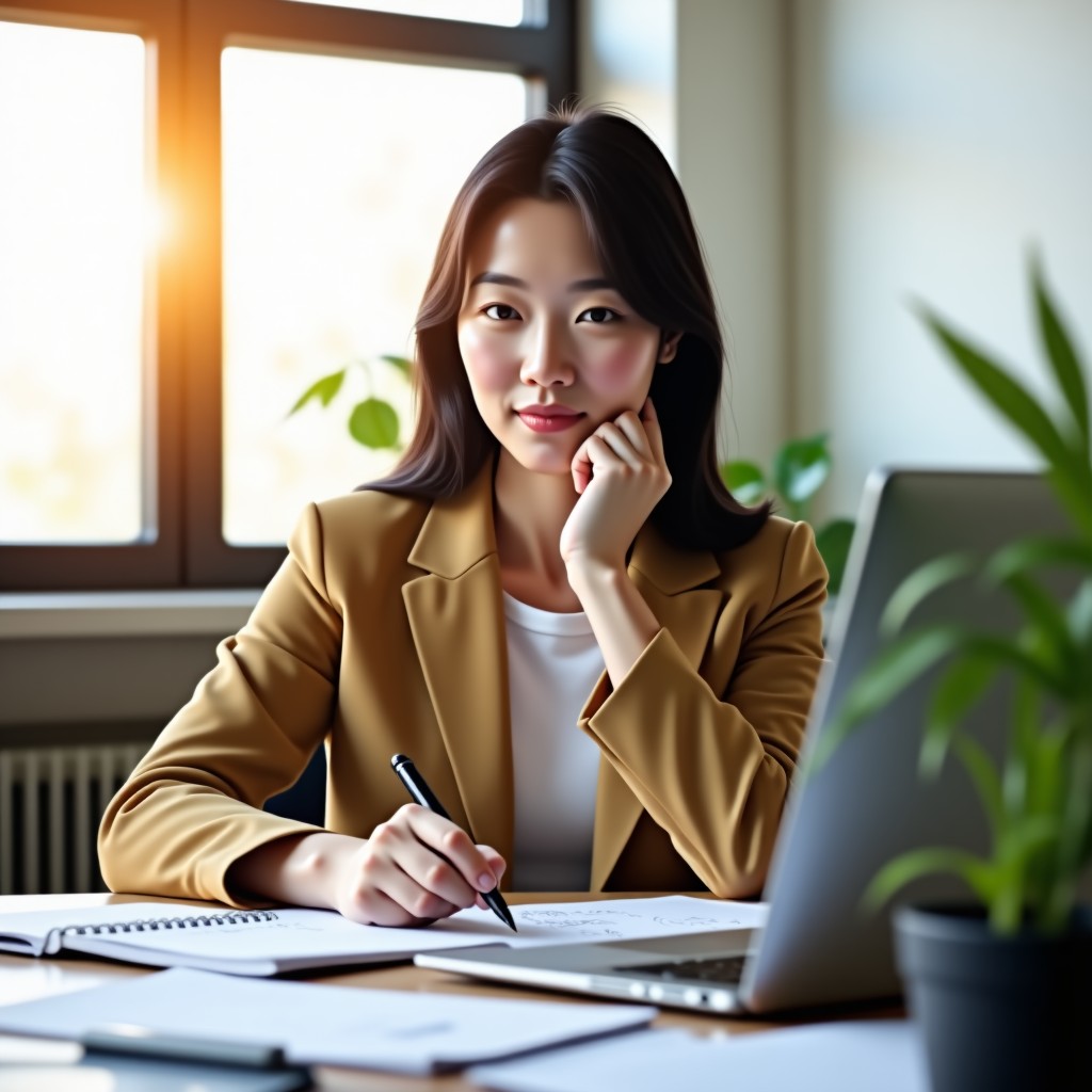 A focused Korean team leader sitting in a bright office thinking about project strategy. In front of her is a laptop and a notebook with clean sketches. Warm natural sunlight coming through the window. 4:3