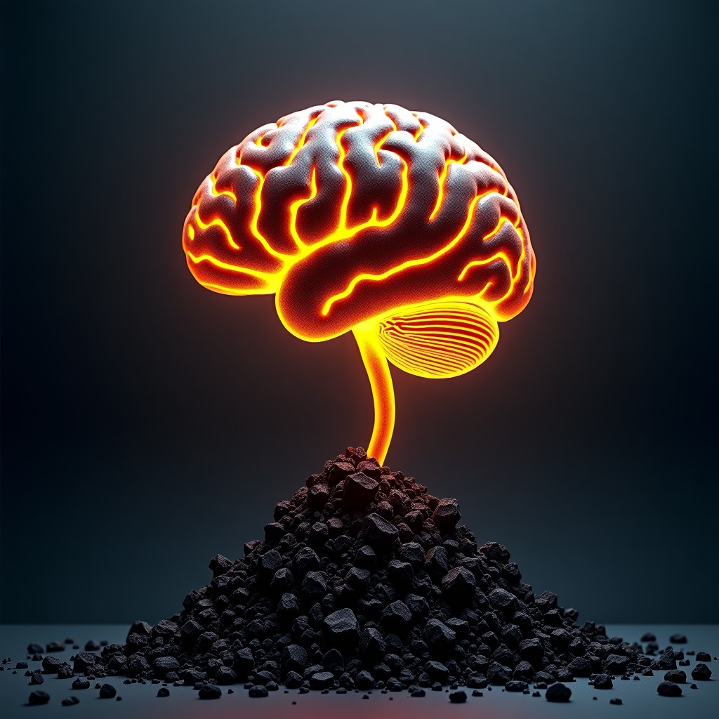 A creative conceptual image showing a glowing digital circuit board shaped like a brain connected to a pile of raw black coal, representing the connection between AI technology and old energy sources, dark textured background, 4:3