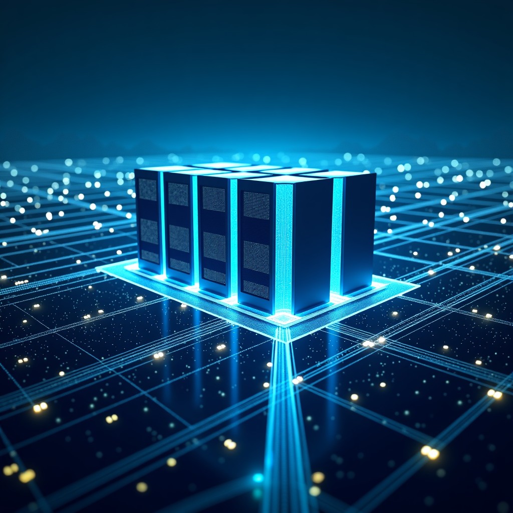 High contrast photo of glowing power lines connecting a massive futuristic data center to a city grid, illustrating energy consumption. 1:1