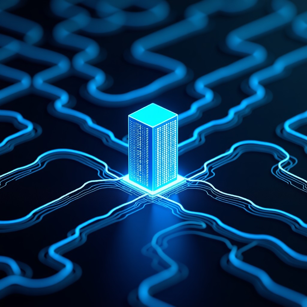 An intricate network of power lines connected to a glowing digital server rack, representing the intersection of energy and technology. High contrast, clean layout, professional photography, 4:3 aspect ratio.