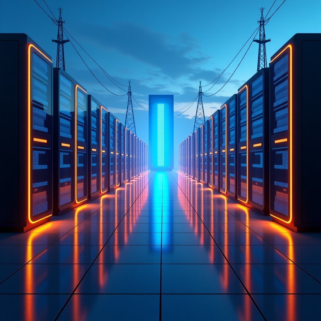 A futuristic AI data center at dusk with glowing blue and gold energy lines connecting to a massive power grid. Highly detailed architectural photography, cinematic lighting, vibrant atmosphere, no text. 4:3