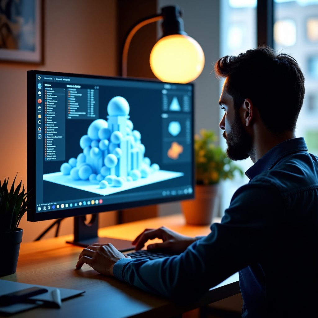 A professional designer in a modern studio working with a high-end computer showing advanced 3D CAD models, glowing AI interfaces overlapping the screen, realistic photography, warm indoor lighting, no text, 4:3