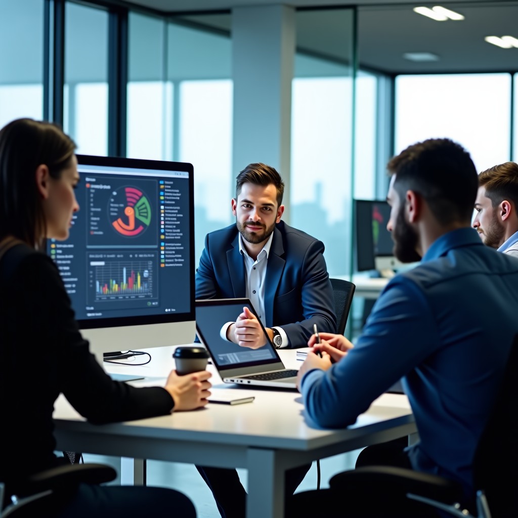 Professional setting of diverse engineers collaborating on a complex digital infrastructure design, high-tech office environment, natural lighting, 4:3