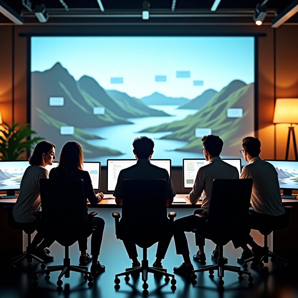 Professional film producers and tech experts collaborating in a high-end editing suite, holograms of scene layouts floating in the air, natural interaction between humans and technology, warm professional lighting, Korean-looking creative director present. 1:1