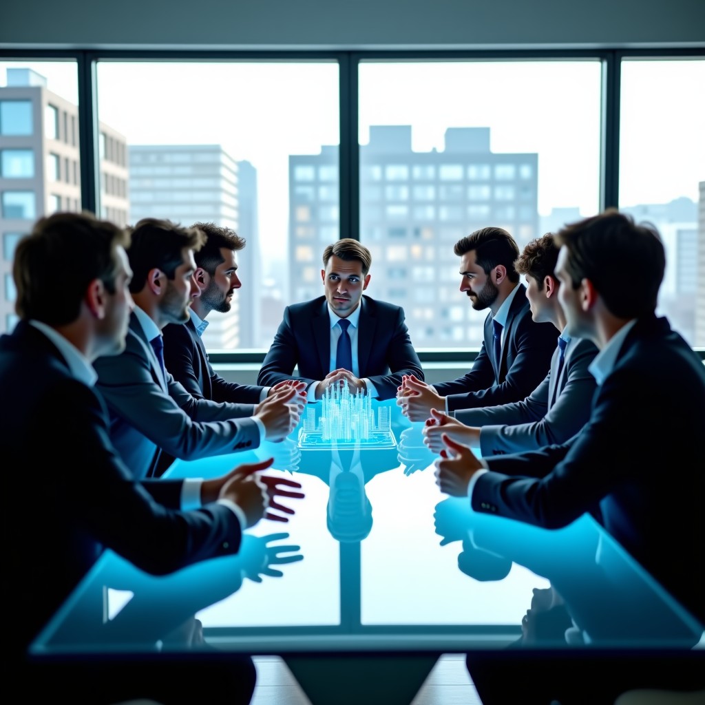 A diverse group of professional consultants and government officials sitting around a modern glass conference table in a high-tech London office. They are looking at holographic displays showing data visualizations of public service improvements. Natural daylight from large windows. 4:3