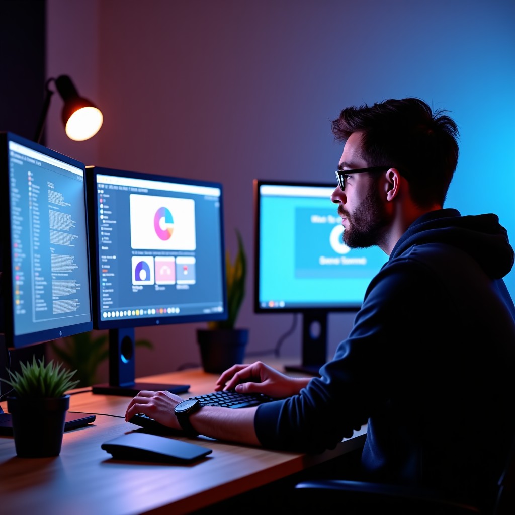 A high-end creative workspace with a professional designer using advanced graphic design software on multiple monitors. The environment is sleek and modern with soft studio lighting. No text or logos. 4:3