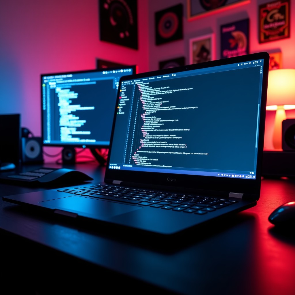 A professional workstation featuring a high-end space black laptop with a vibrant screen showing code and graphic design software. The lighting is moody and focused with metallic textures. High contrast cinematic lighting. 4:3