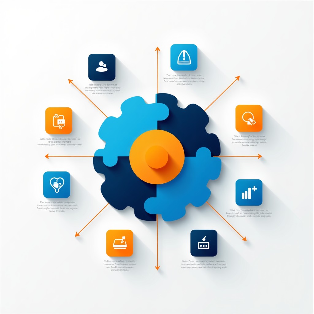 A clean and professional infographic layout with abstract shapes and icons, vibrant blue and orange color palette, high contrast, minimalist style, 4:3