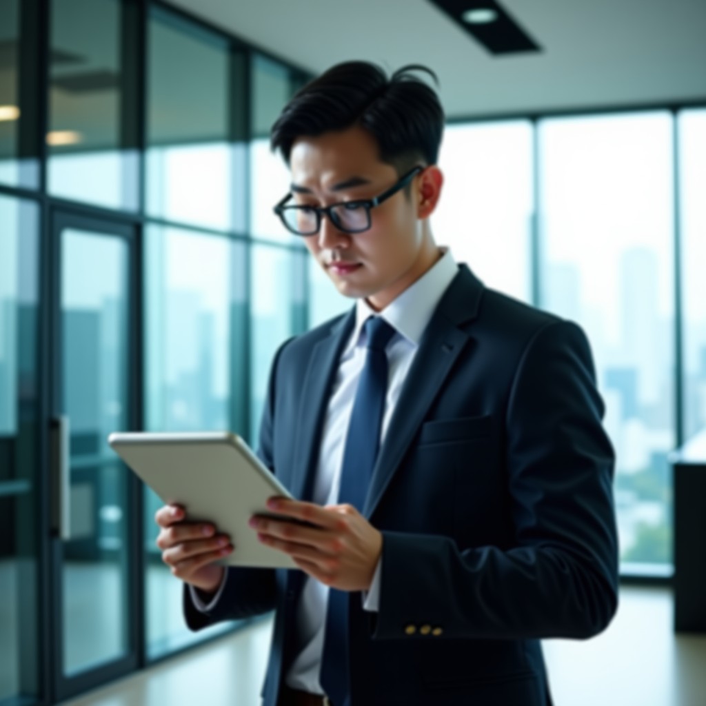 A professional lawyer or finance expert using a high-end tablet in a modern glass office, looking focused, high-resolution photography, natural lighting, Korean appearance, 4:3
