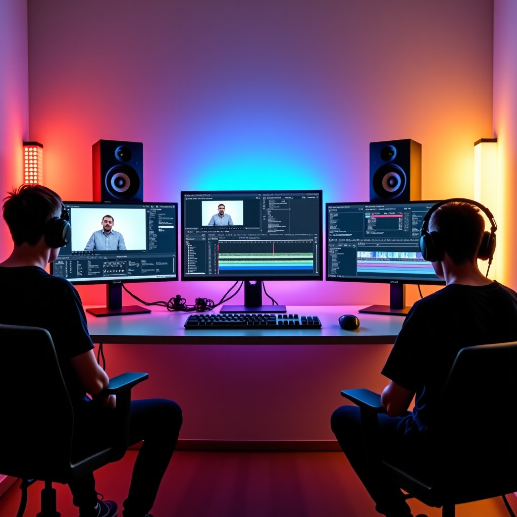 A creative studio setup with professional cameras, lighting, and monitors displaying various video editing interfaces, high contrast, clean workspace, 4:3