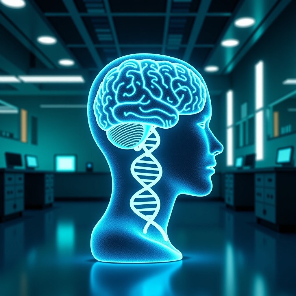 A clean and sophisticated laboratory environment with a holographic brain and DNA helix symbols merged with digital data strings. Cool blue and teal lighting. 4:3