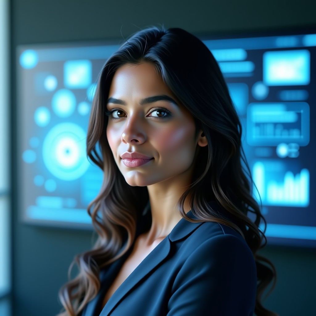 A professional South Asian female leader in a modern office, surrounded by abstract digital AI data visualizations and holographic interfaces, sophisticated and focused expression, 4:3