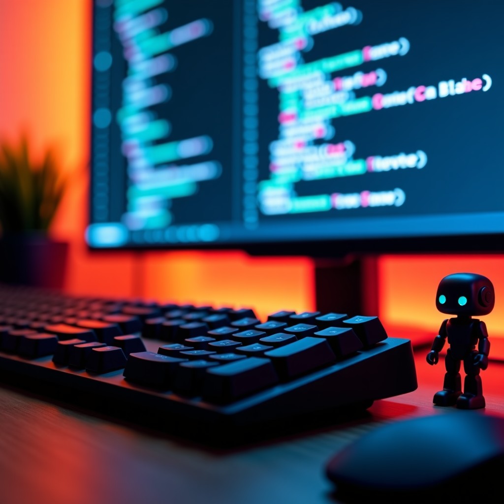 A close-up of a high-end mechanical keyboard and a screen showing complex software code, a small robot figurine standing on the desk, professional studio lighting. 1:1
