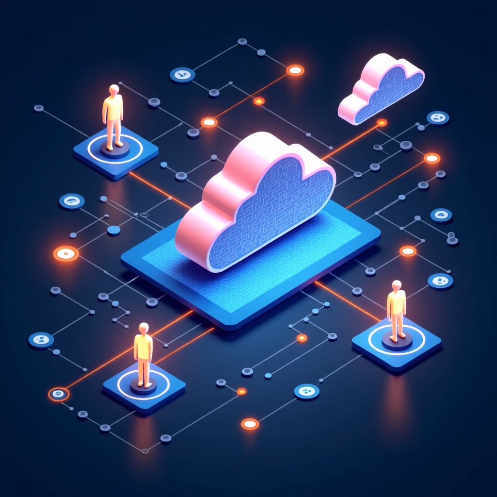 A high-tech digital infographic style illustration showing the connection between cloud computing and artificial intelligence. Glowing data nodes and neural network patterns intersecting with business icons like charts and human figures. Clean, modern layout with high contrast. No text, 1:1