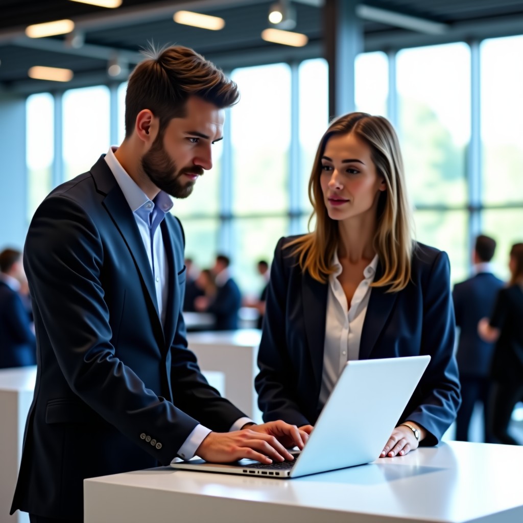 A professional man and woman discussing business over a laptop on a white display table at a tech expo. Natural sunlight from windows, blurry background of other tech booths, modern casual business attire. 4:3