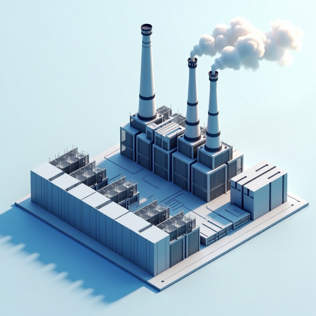 Modern industrial layout of a private power station with gas turbines adjacent to a massive server building, clean high tech look. 4:3