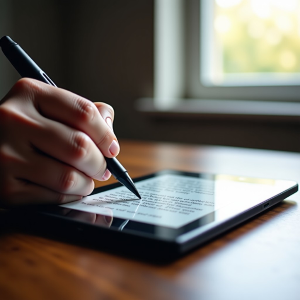 A hand using a stylus to write detailed notes on a Kindle Scribe Colorsoft screen. Soft-focus background of an office desk, realistic lighting, 4:3