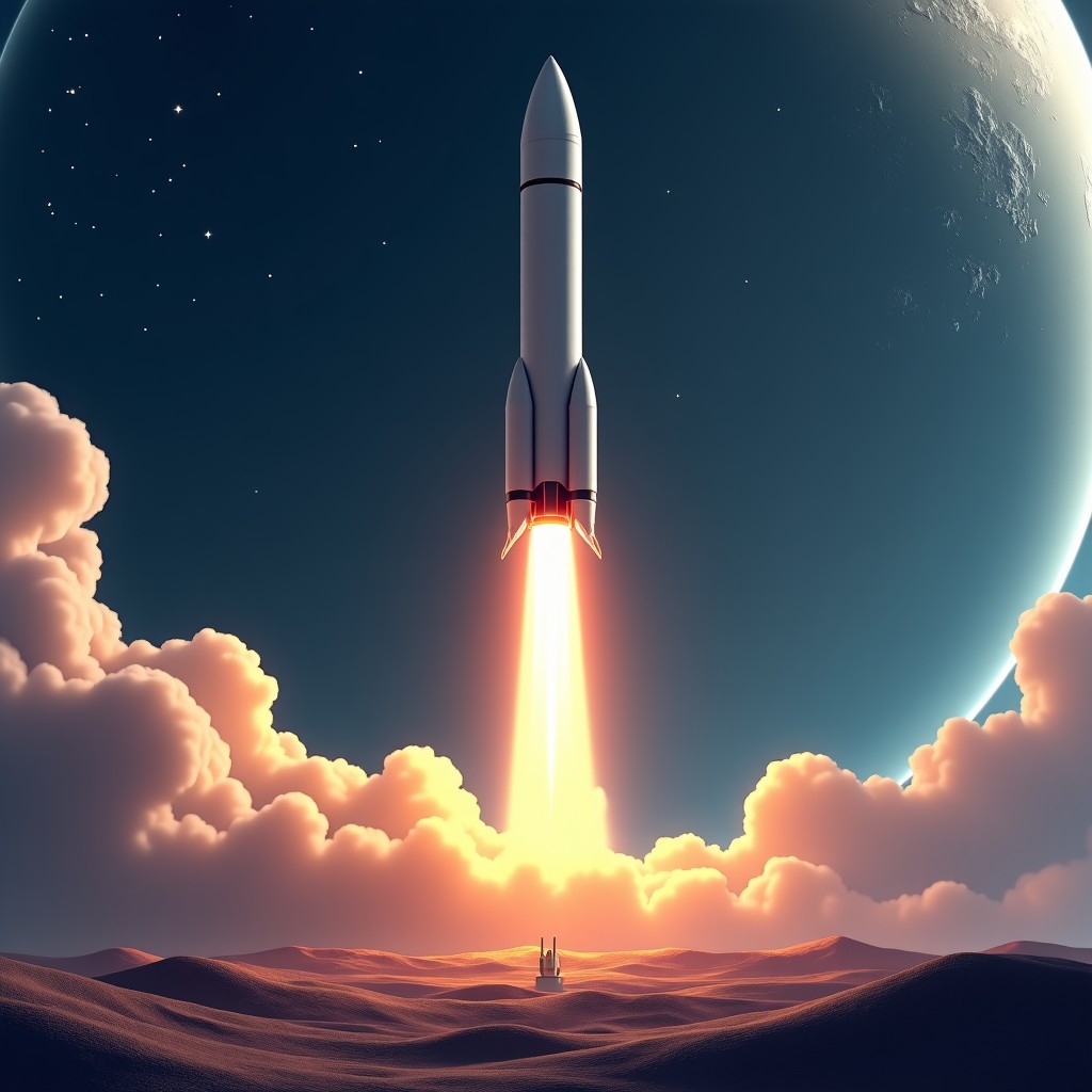 A futuristic electromagnetic catapult on a lunar base launching a sleek metallic AI satellite into orbit, stars and earth visible in the background, realistic style, 4:3