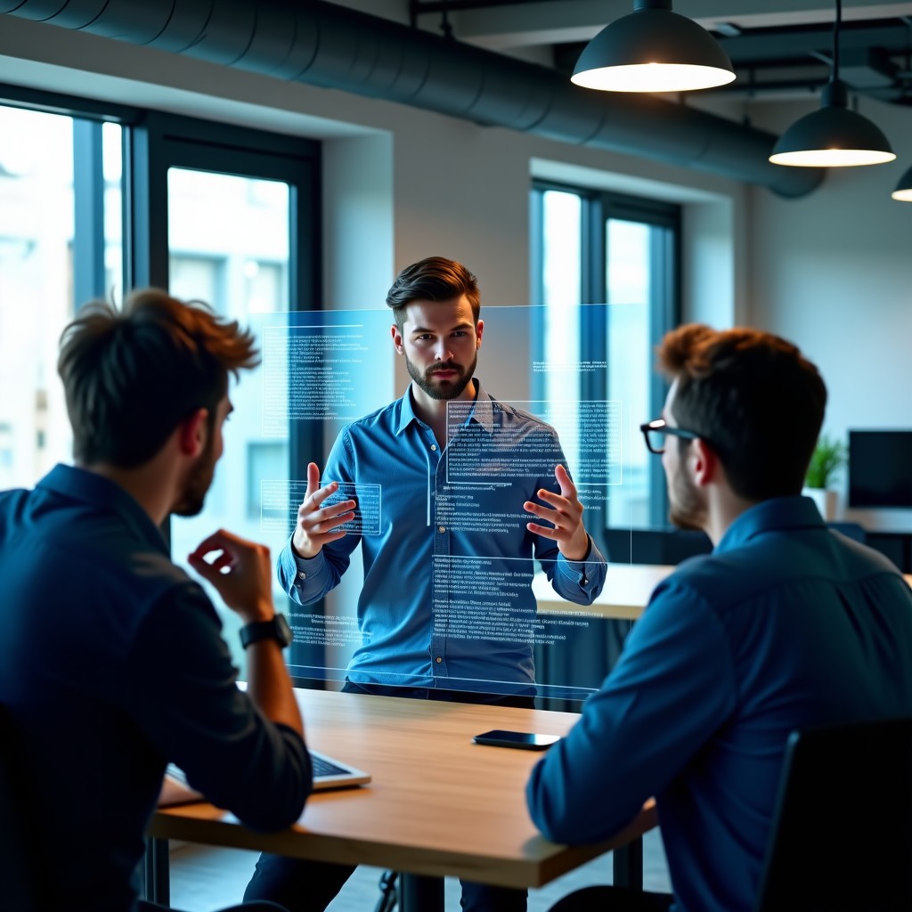 A group of three young creative entrepreneurs having an intense and passionate discussion in a modern workspace. They are looking at transparent screens with complex code and neural diagrams. Natural lighting from windows and a collaborative atmosphere 4:3