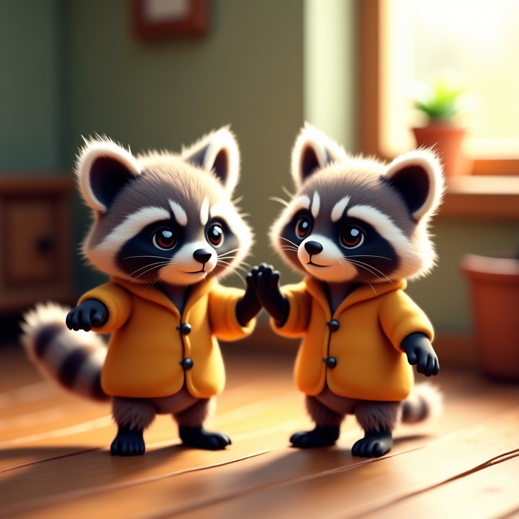 An AI generated cute raccoon and a kitten wearing matching tiny outfits dancing together in a whimsical room, slightly surreal atmosphere, detailed fur texture. 4:3