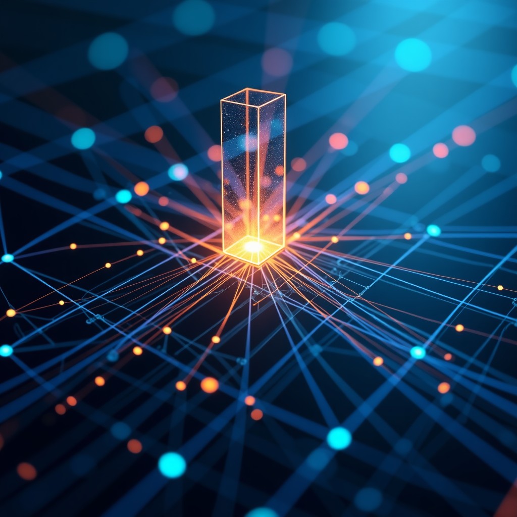 Abstract representation of software architecture and neural networks merging together. Glowing lines of code forming a 3D structure on a dark glass surface. High contrast with blue and gold lighting accents. 1:1