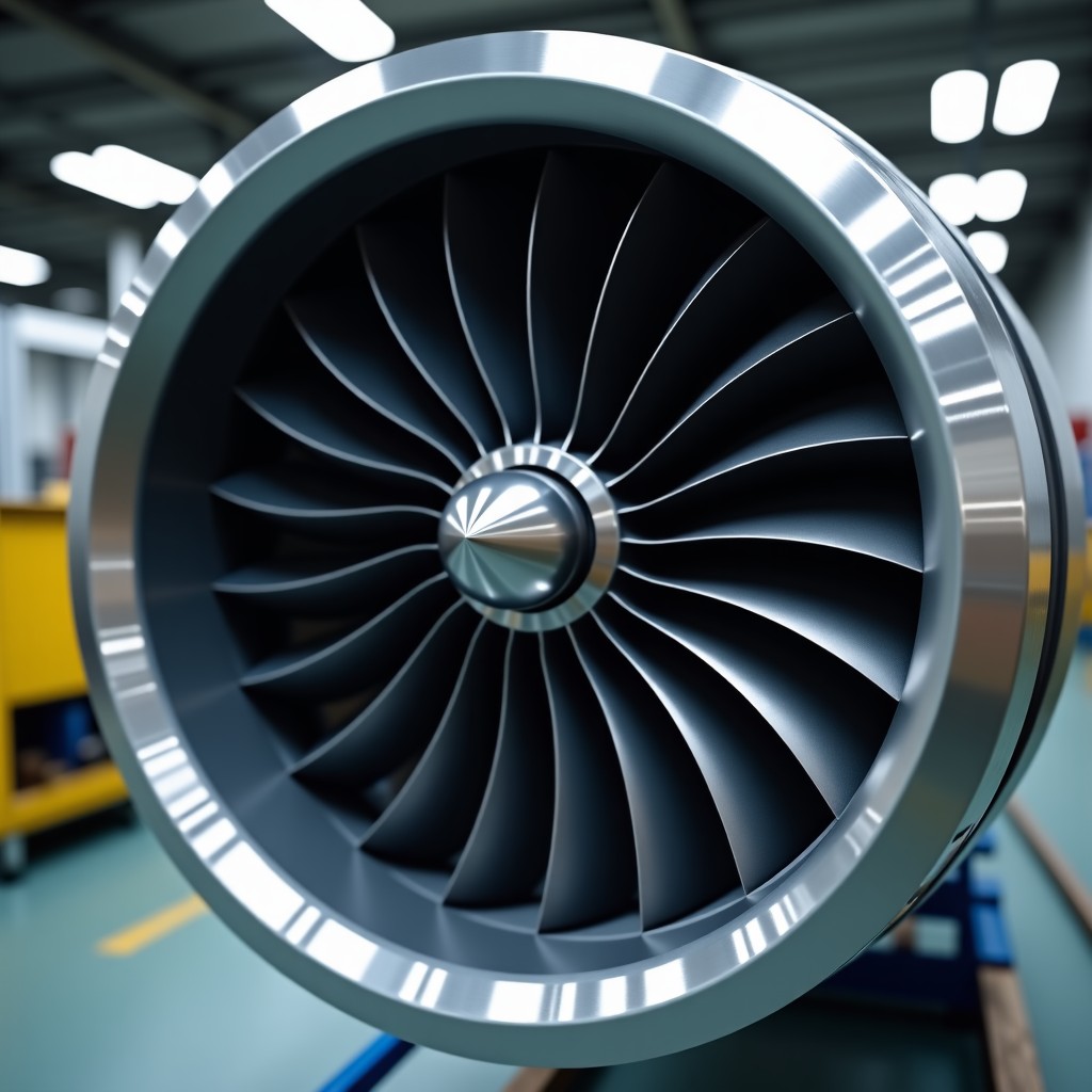 Close-up of a highly detailed modern jet engine turbine with intricate metal blades, industrial engineering workshop background, realistic lighting, 4:3