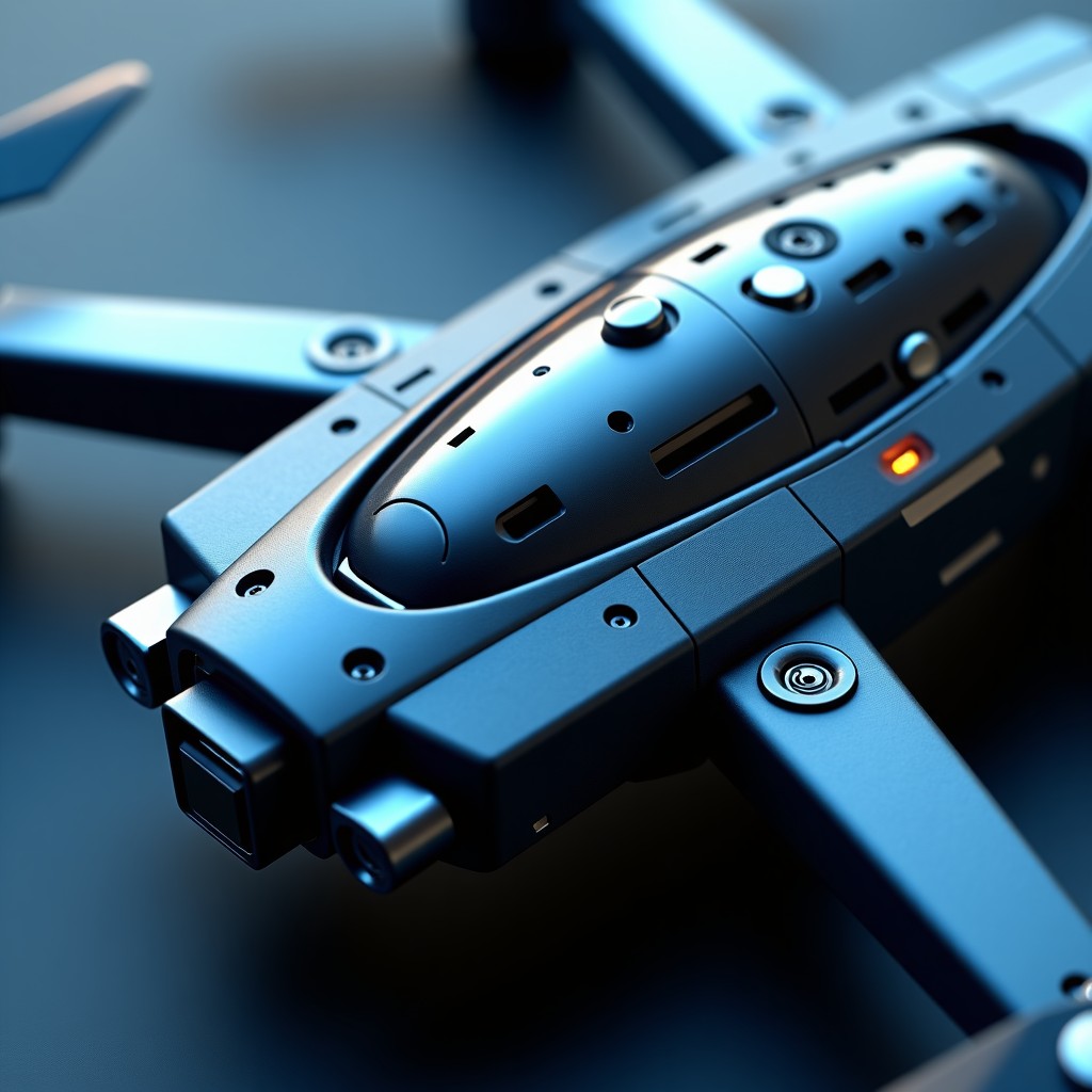 Close-up of high-tech drone internal components, circuit boards, and optical sensors, dark blue and silver color palette, futuristic tech style, 4:3