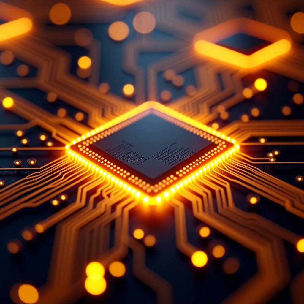 Close-up of a futuristic semiconductor chip with glowing golden circuitry, representing next-generation AI hardware, high detail, cinematic lighting, 4:3