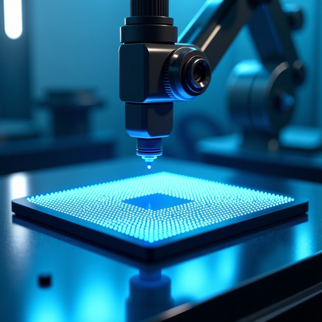 A close-up view of a high-tech silicon wafer being processed in a semiconductor clean room, robotic arm in the background, blue and silver color palette, futuristic manufacturing, 4:3