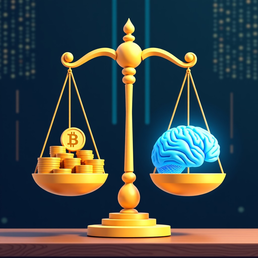 A symbolic and artistic rendering of a golden scale in a modern digital environment. On one side of the scale is a pile of coins representing a 200 million dollar contract, and on the other side is a glowing blue brain representing AI ethics. The background is a mix of tech circuitry and classical architecture. No text. 1:1