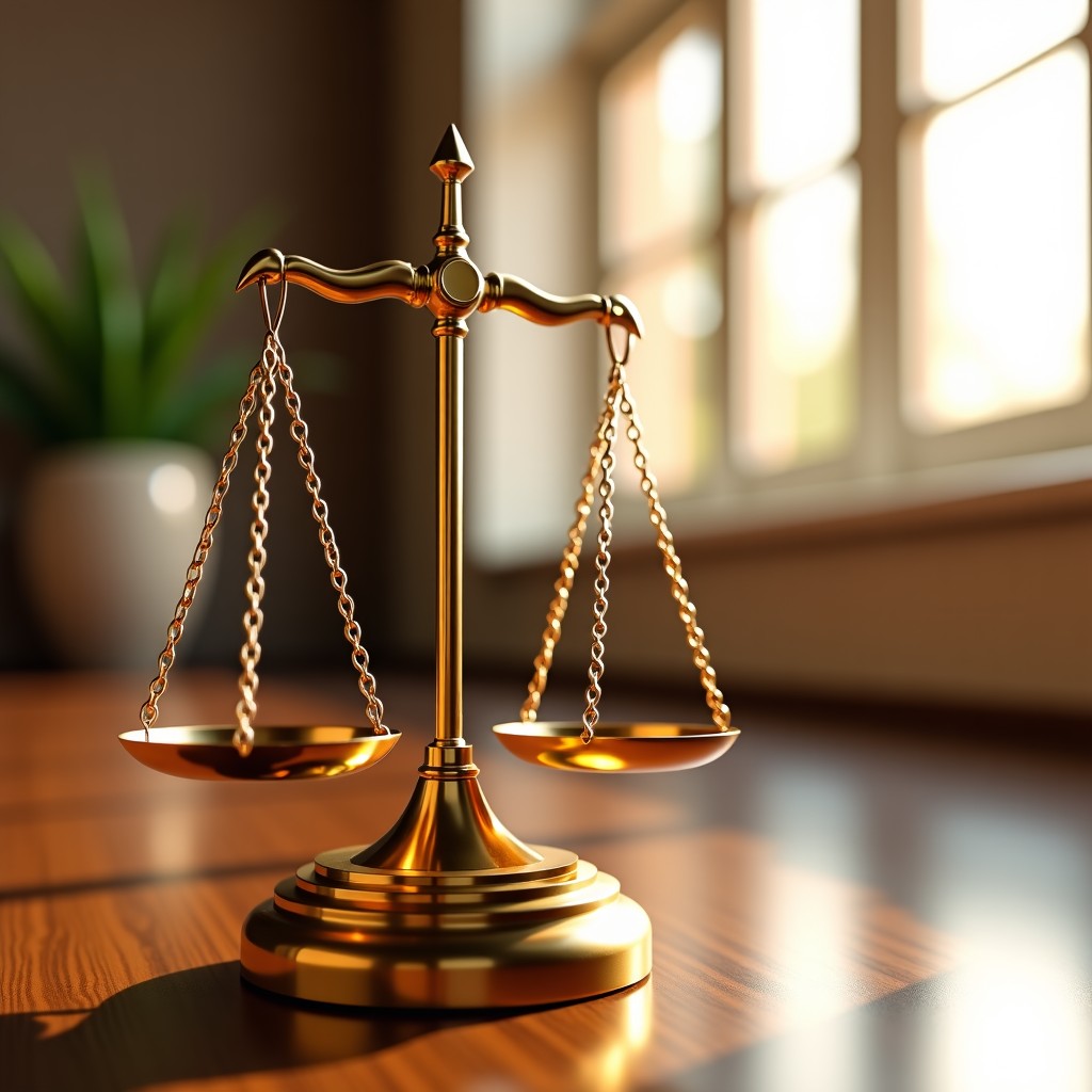 A stylized close-up of the scales of justice made of polished brass. The background is a soft-focus modern architectural interior with warm lighting. Elegant and balanced composition. High resolution. 1:1