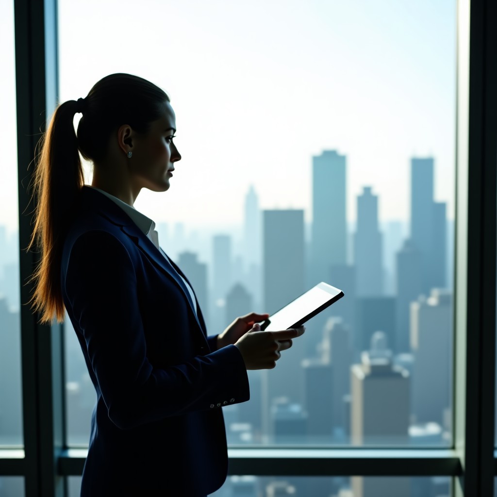 A professional woman in a modern office setting looking out of a large window at a city skyline. She is holding a tablet device and appears to be in deep thought. Soft natural lighting and professional attire. 4:3