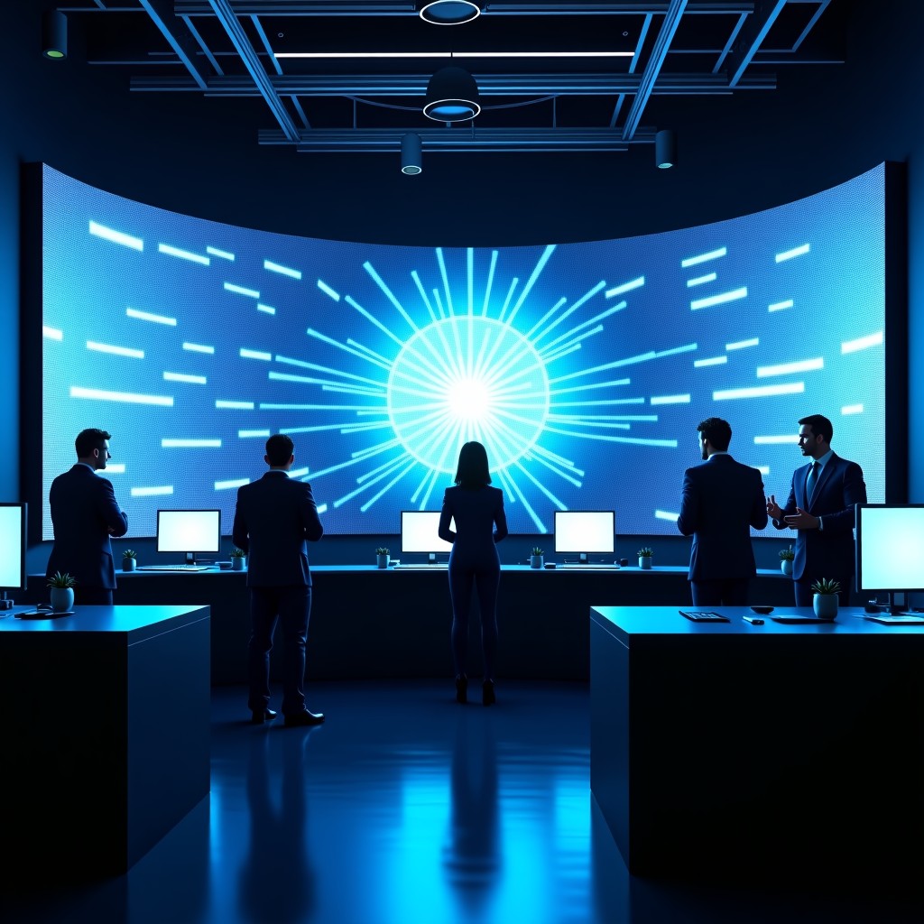 A modern political campaign office with large digital screens displaying abstract AI neural networks and data streams. High-tech atmosphere with professionals discussing strategy. Cinematic lighting, photorealistic style. 16:9