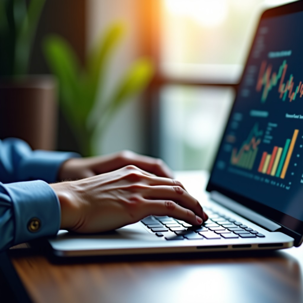A close up of a person hands typing on a sleek keyboard with a screen in the background showing detailed financial charts and audit trails. The lighting is warm and natural, emphasizing a trustworthy and professional atmosphere. 4:3