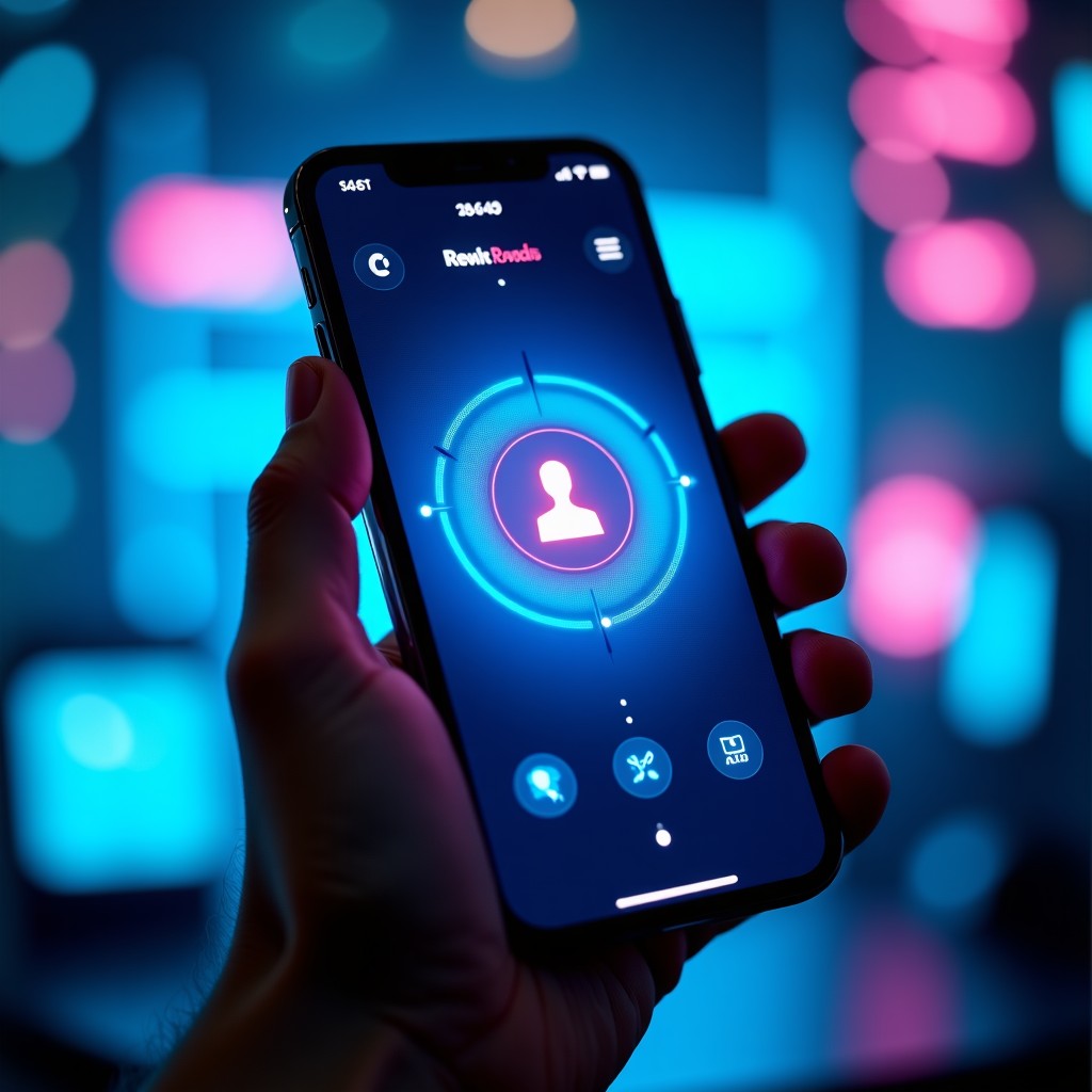 A modern smartphone screen showing a sophisticated AI assistant interface with glowing blue and purple light. The phone is held by a hand. High-tech laboratory background. No text. 1:1