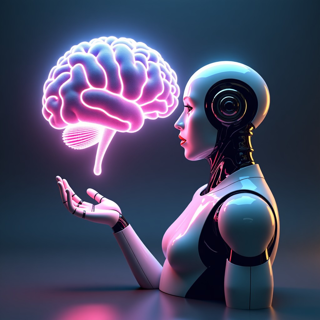 Artistic rendering of a glowing brain-like AI network integrating with a sleek silver robot, futuristic and sophisticated atmosphere, vibrant colors, 4:3
