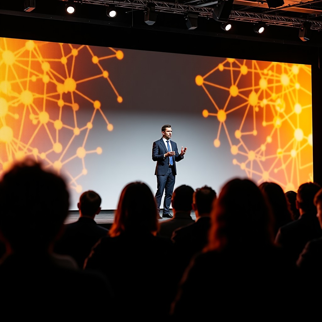 A professional and charismatic leader giving a keynote speech at a major tech conference. Large digital screens behind him show abstract neural network patterns and golden data streams. The audience is blurred in the foreground. High contrast, professional photography style, 4:3
