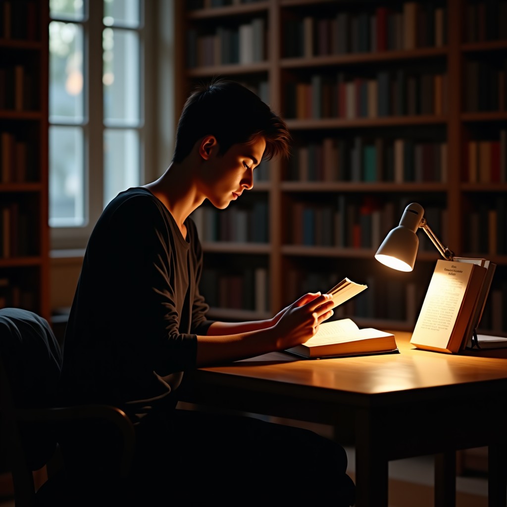 A person sitting in a dimly lit library reading a small book, soft warm light from a desk lamp, peaceful and scholarly atmosphere, 1:1