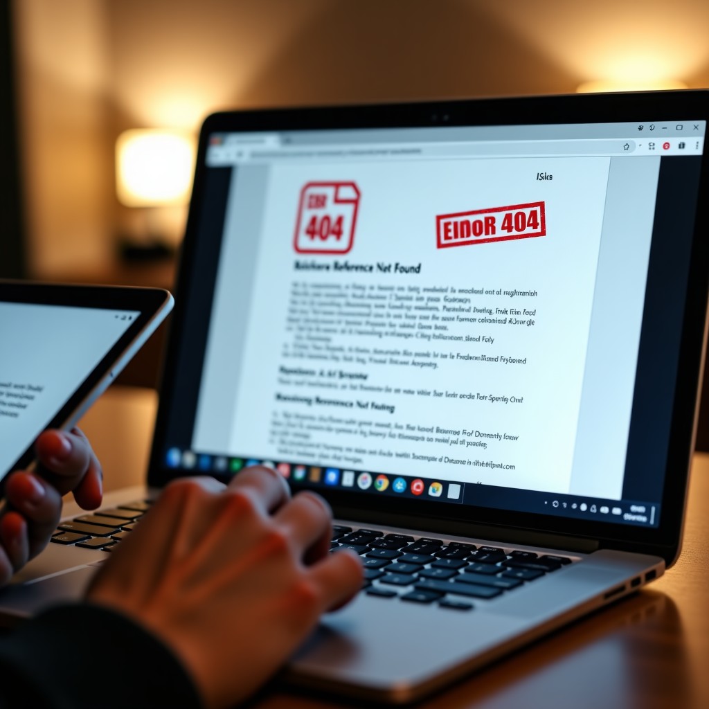 Realistic close-up shot of a laptop screen displaying a PDF report with red 'Error 404' and 'Reference Not Found' stamps over the text. A person hands holding a tablet is visible in the foreground. Warm indoor office lighting. 4:3