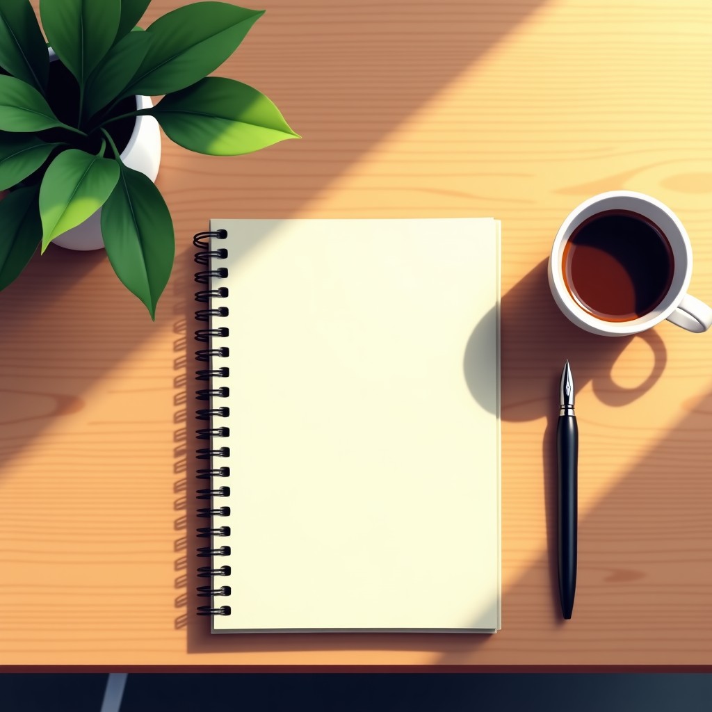 A top-down view of a clean wooden desk, a simple paper notebook with handwritten notes and a fountain pen, a cup of coffee next to it, bright morning sunlight coming from a window, 4:3