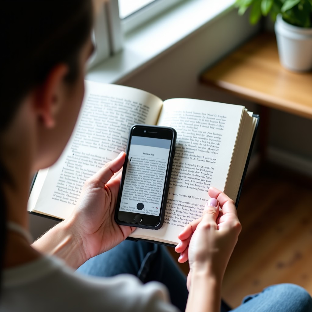 A person holding a physical printed book and a smartphone, using the phone camera to scan a page of the book, natural indoor lighting, lifestyle photography, 4:3