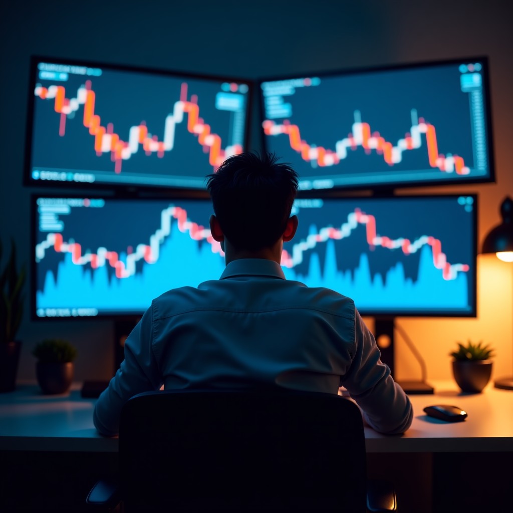 A realistic photo of a professional investor sitting in a dimly lit office, looking at multiple monitors displaying sharp downward trends in stock charts. The atmosphere is tense and reflective, with warm desk lamp lighting. 4:3